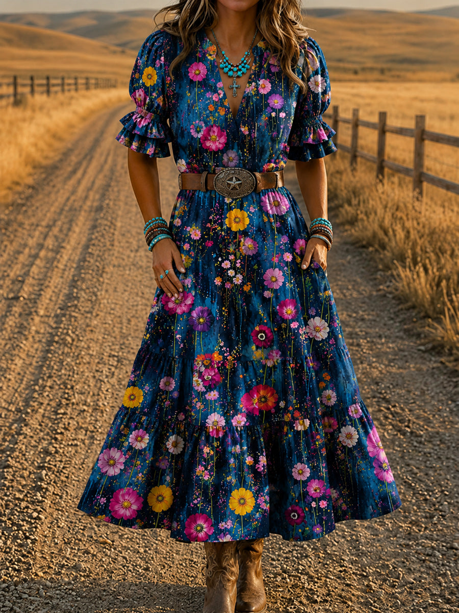 Women's Retro Art Print Washed Cotton Layered Patchwork Midi Dress